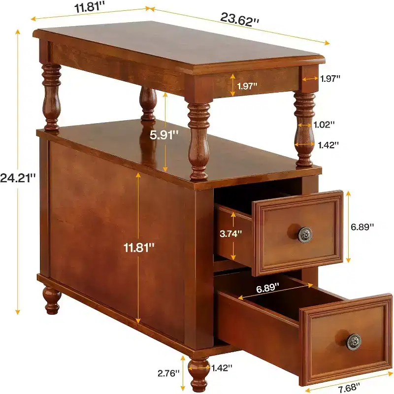 Lantine Walnut Wood End Table: Mid-Century, 2 Drawers, Storage Shelf, Slim, Accent Table for Living Room, Easy to Assemble