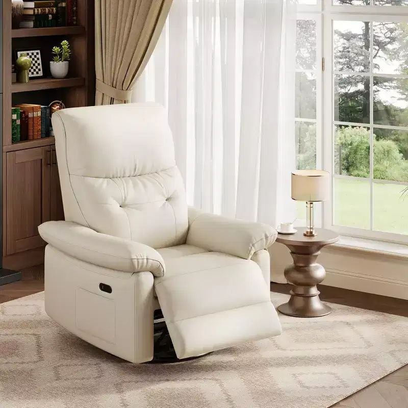 Power Recliner Chair, 270 Swivel Rocking Glider PU Leather Upholstered Fabric and Button Tufted Backrest, Ergonomic Nursery Chair for Living Room