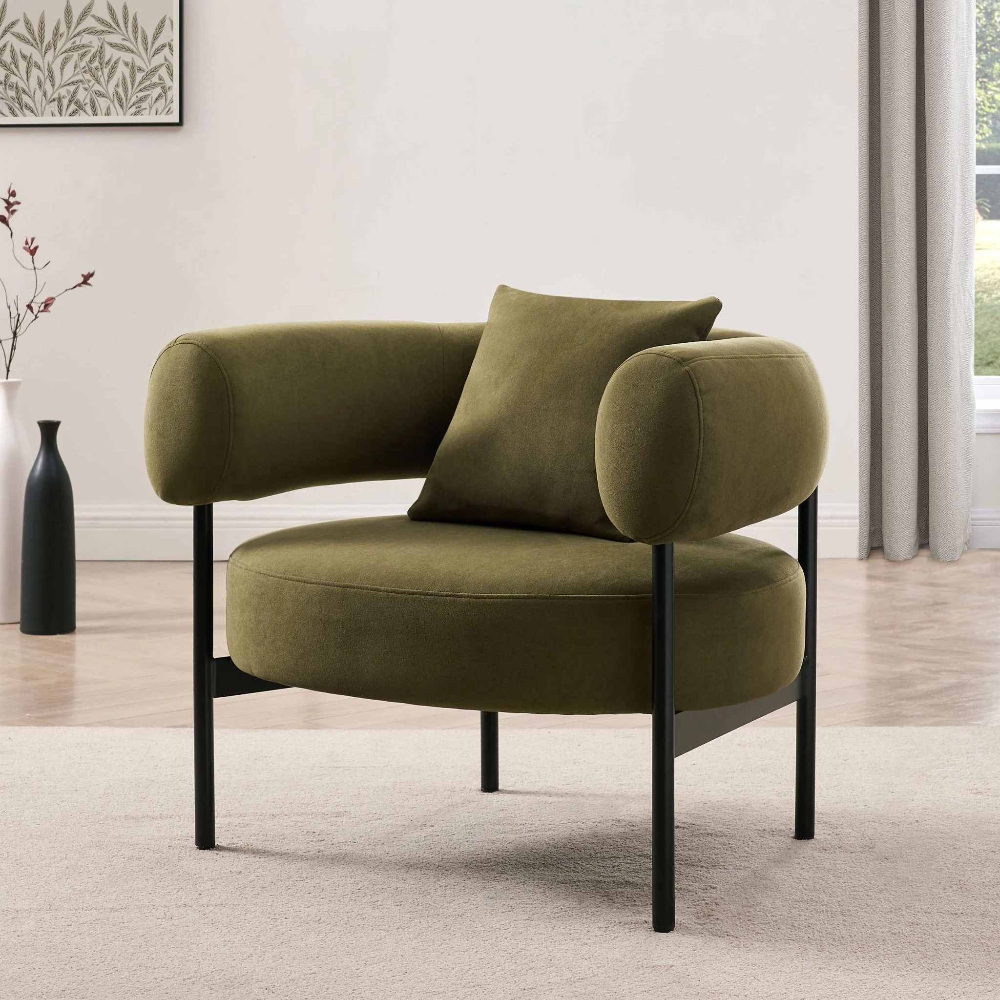 Contemporary Olive Velvet Accent Chair with Curved Back for Living Room
