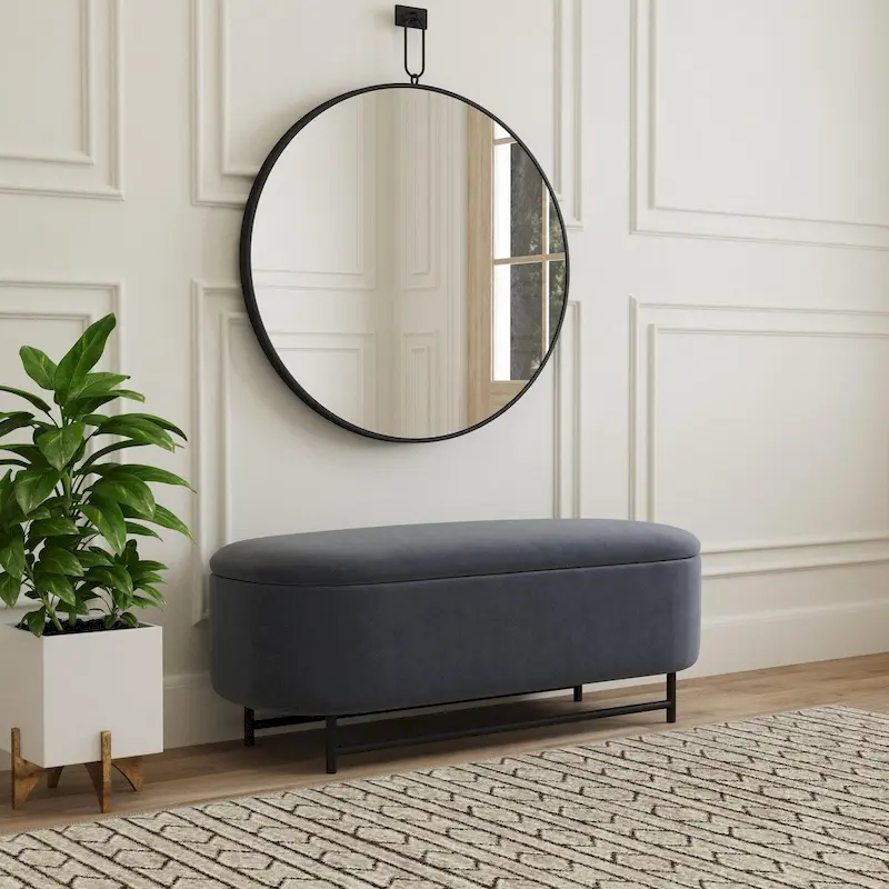 Ellipse Modern Storage Bench with Black Metal Legs, Blue Velvet Fabric, 60in Width