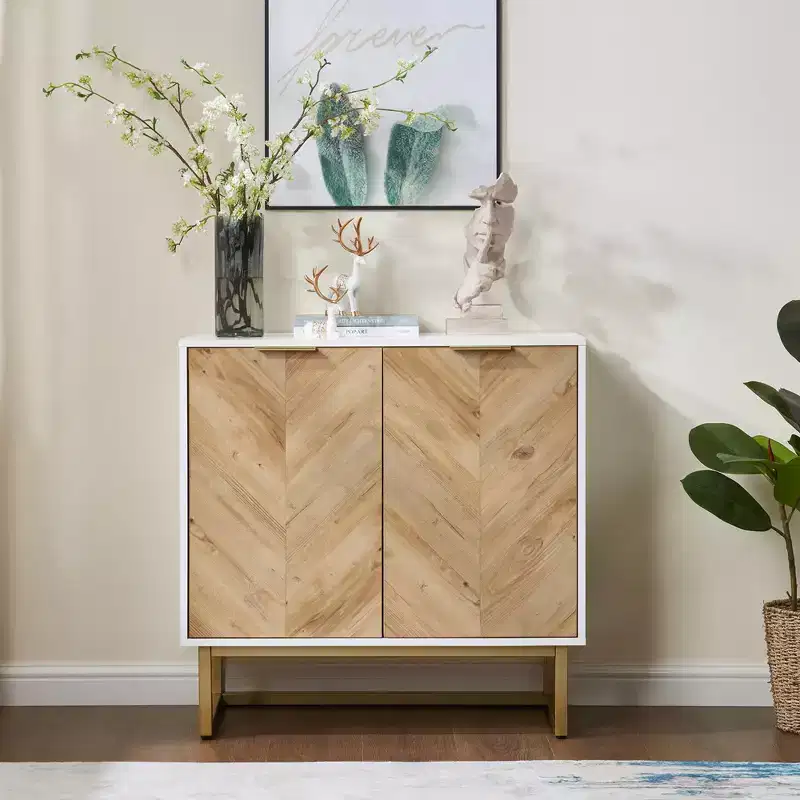 White and Gold Storage Cabinet with 2 Doors - Modern Buffet Sideboard, Elegant Accent Cabinet for Living Room