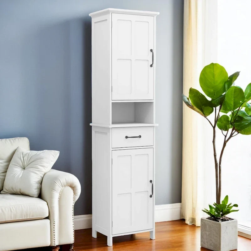 64.96Tall Narrow Storage Cabinet, Bathroom Slim Floor Freestanding Cabinet with Two Doors for Bathroom,White