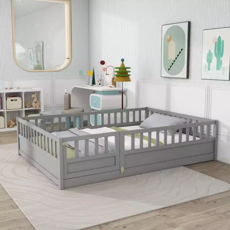 Okak Full Floor Bed Frame with Extra-Tall Safety Rails, Wood Bed Frame with Convenient Entry Door for Bedroom, Gray