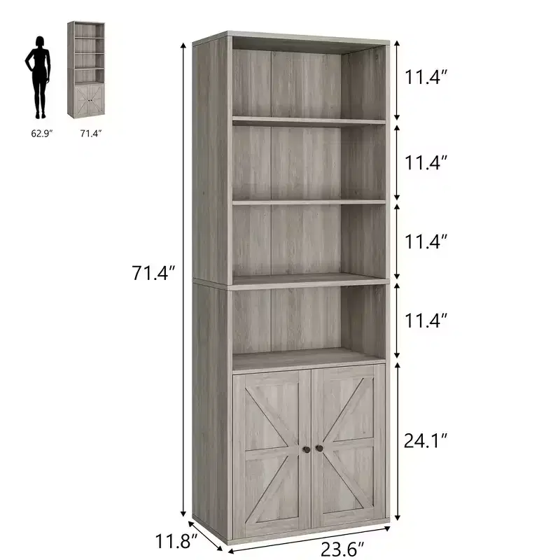 Whizmax Bookcase with Doors Industrial Bookshelf, Farmhouse Bookcases Wooden 6 Shelf Bookshelvels for Bedroom, Living Room, Home Office