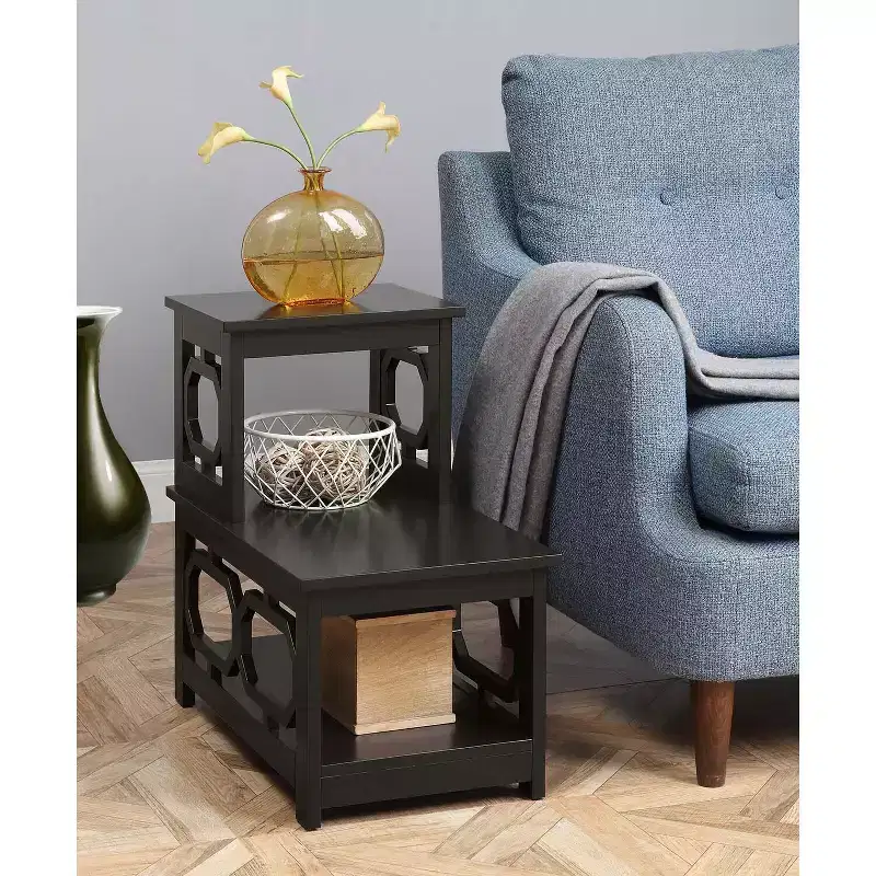 2-Step Chairside End Table, L-Shaped Frame with Octagon Side Panels, Three-Tier Storage