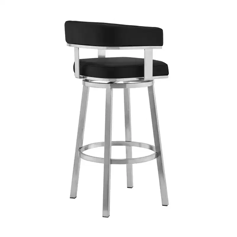 HomeRoots 26 Black And Silver Faux Leather And Iron Swivel Low Back Counter Height Bar Chair