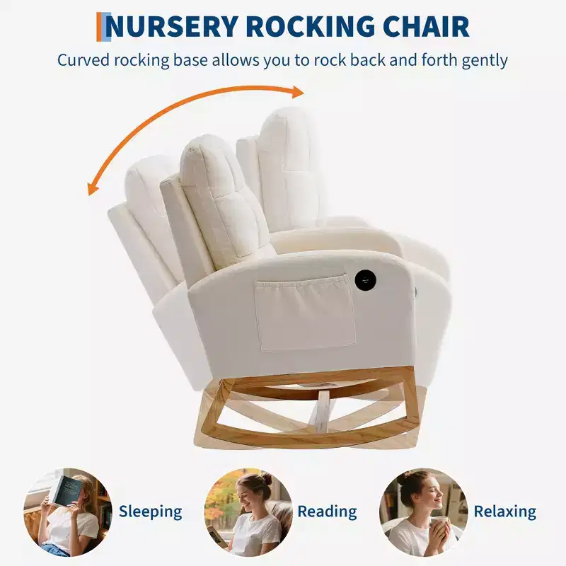 Modern Nursery Rocking Chair, Linen Upholstered Rocking Chair with USB Port & Side Pocket, Rocker Glider for Living Room, Bedroom, Nursing Room