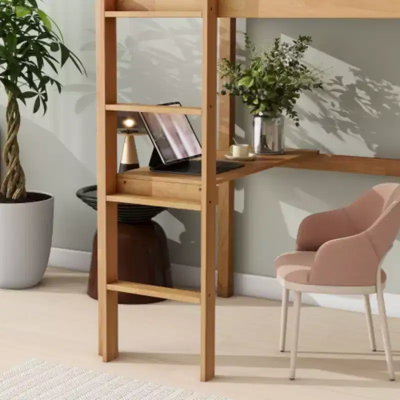 Twin High Loft Bed with Safety Guardrail & Integrated Desk, Solid Rubberwood, 66.5