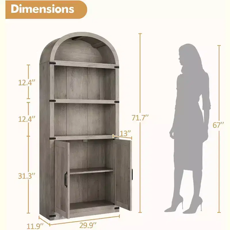 5 Shelf Arched Bookshelf with Doors Tall Bookcase Farmhouse Display Storage Rack Wooden Bookshelves for Home Office, Living Room