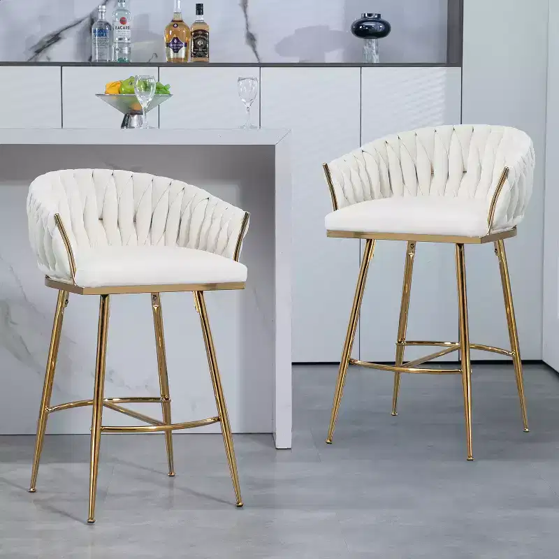 26 Inch Counter Height Bar Stool, Velvet Kitchen Island Stool with Wave Back, Gold Chrome Base and Footrest, Beige