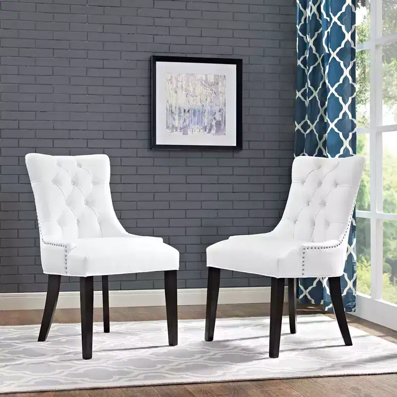 Set of 2 Tufted Nailhead Dining Side Chairs, White Vinyl, Wood Legs, 287 lb Capacity
