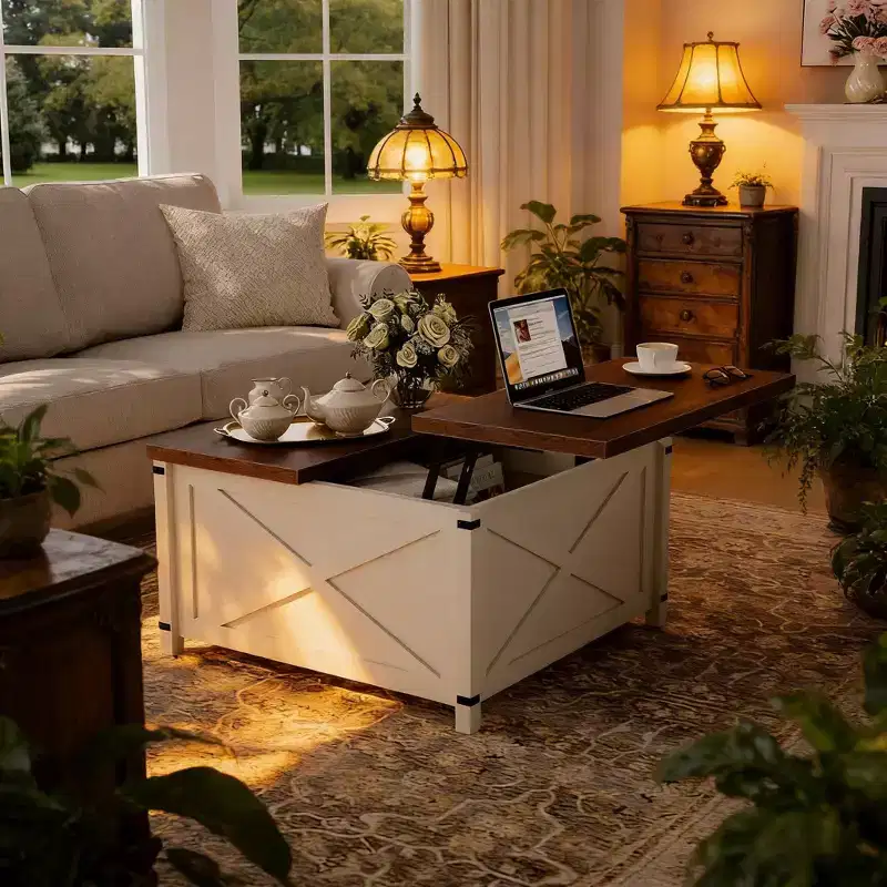Square Industrial Design Coffee Table with Lift Top and Storage for Living Room
