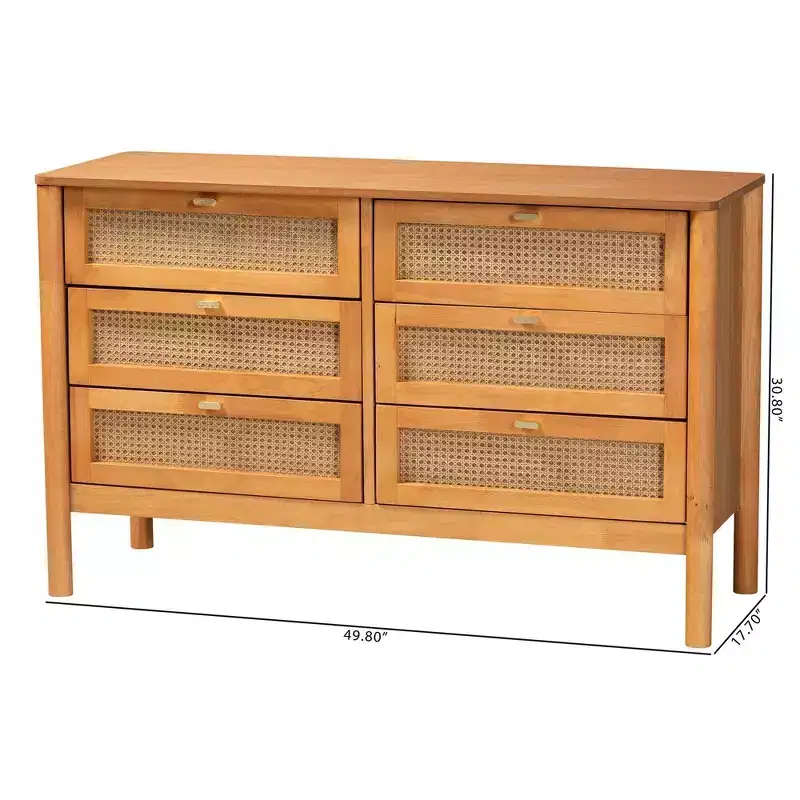 Baxton Studio Jenn Wood 6 Drawer Dresser with Distressed Finished Rattan Golden Brown/Distressed Rattan