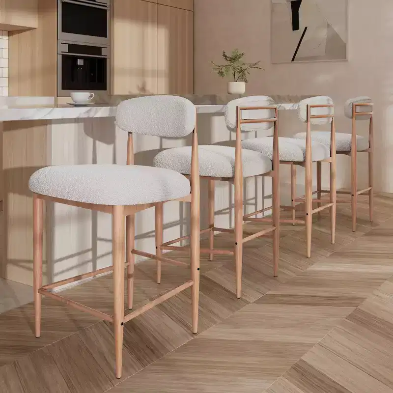 Boucle Dining Armless Barstools Set of 4,with Wood Grain Metal Legs for Kitchen, Living Room, Restaurant, Cafe - Morden Fort