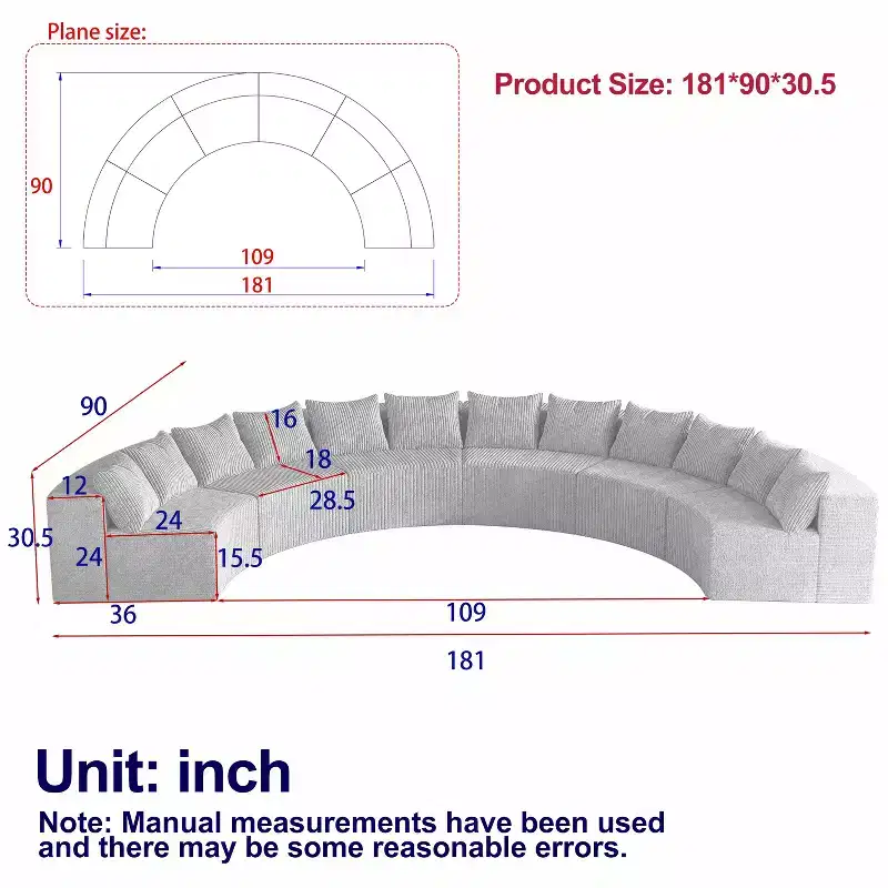 Corduroy Curved Sectional Foam Sofa with 12 Pillows, Curved Symmetrical Modular Semi-Circular Sofa Sectional