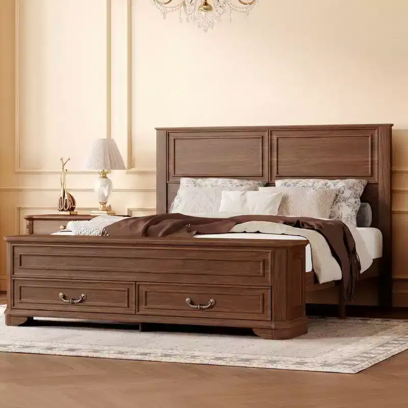 Farmhouse Pinewood Queen Bed with Storage Bench & 2 Large Drawers