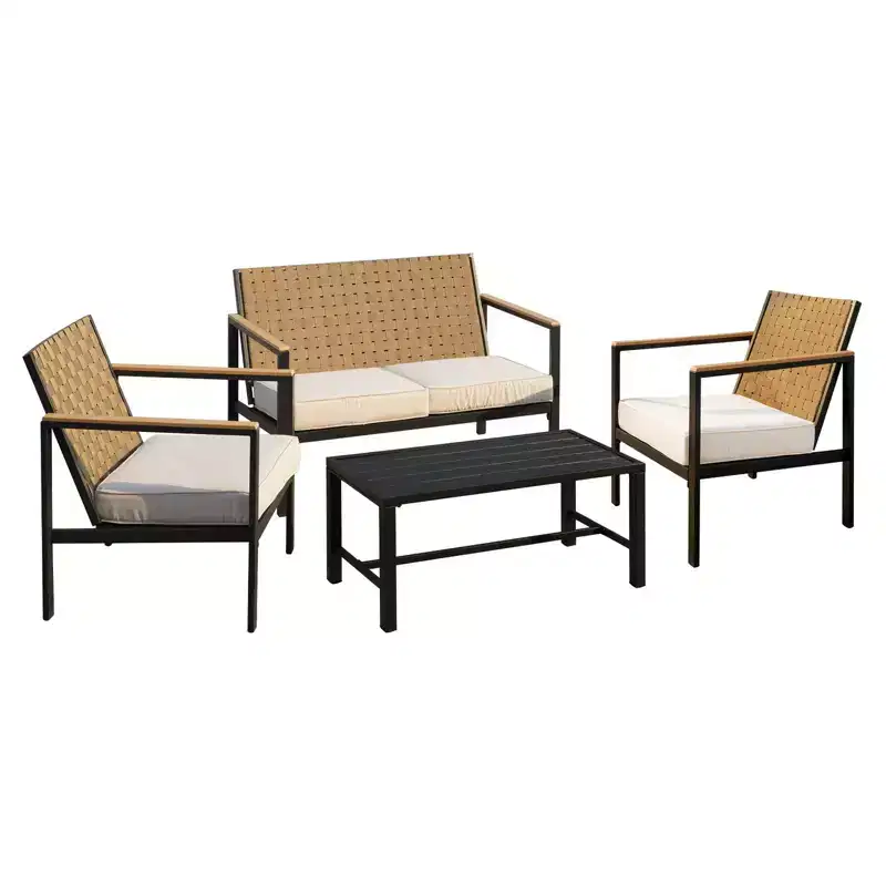 Bestier 4 Pieces Metal Patio Furniture Set, Outdoor Rattan Patio Conversation Sets with Soft Cushion for Garden, Backyard, Porch, Poolside