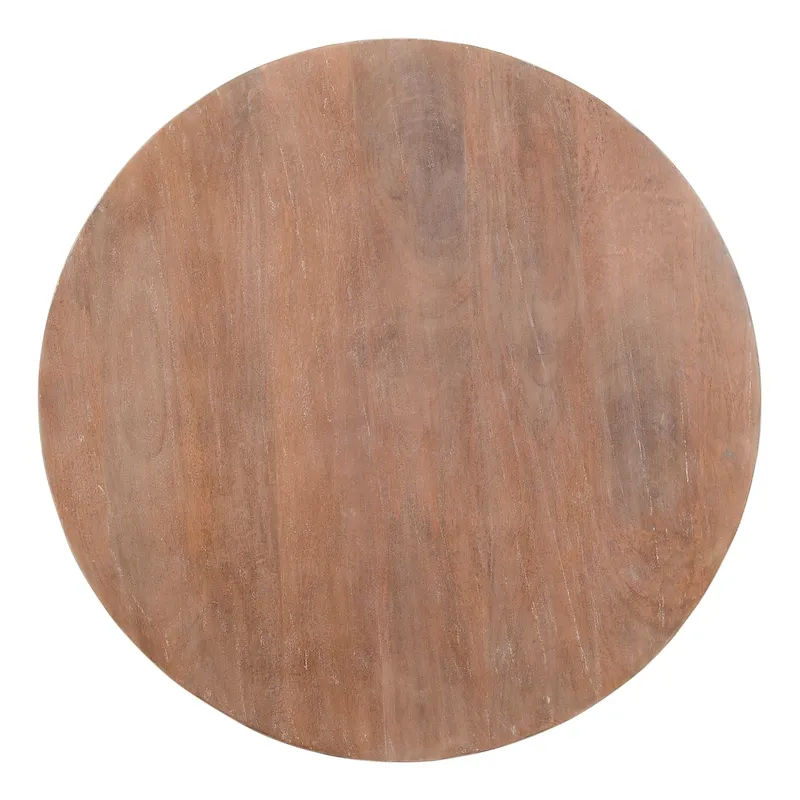 Round Mango Wood Coffee Table with Plank Base, Distressed Brown