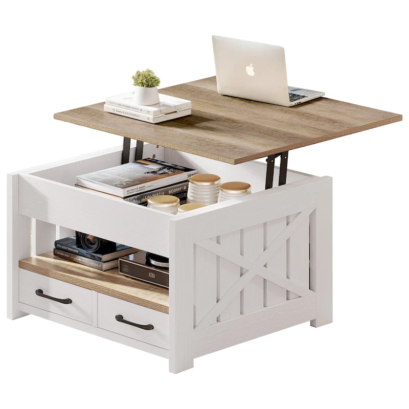 Moasis Farmhouse Square Lift Top Coffee Table with Storage Shelf and 2 Drawers