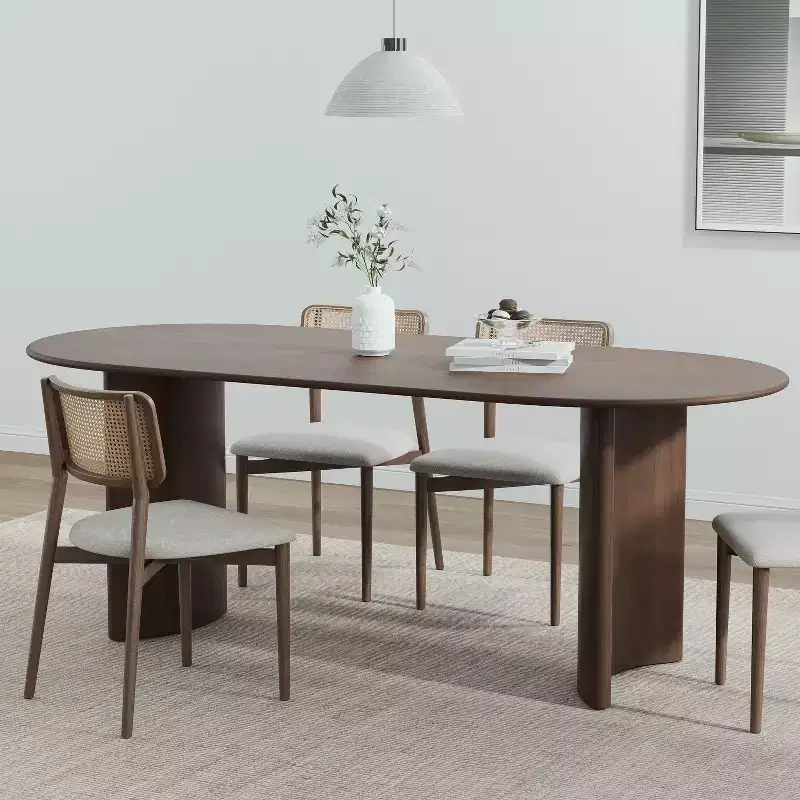 67 Oval Dining Table Farmhouse Wood Kitchen Table for 4-6 with Arc-Shaped Edge Top and Curved Shape Base for Living/Dining Room in Walnut