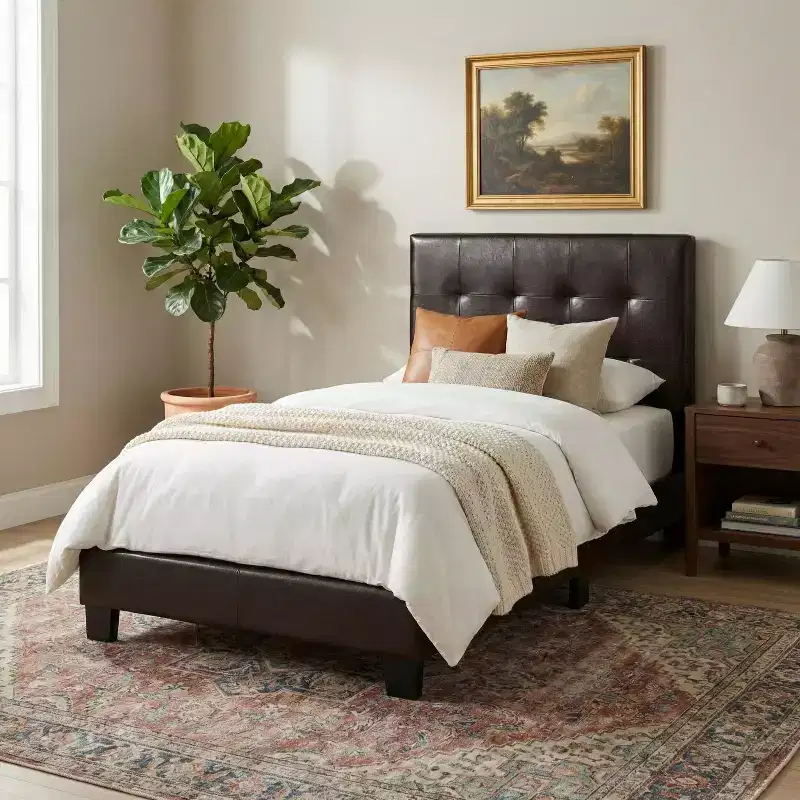 Brown Faux Leather Platform Bed Frame with Adjustable Headboard – Twin / Full