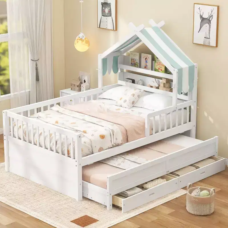 GDFStudio Sanders Wooden House Bed with trundle and Fabric