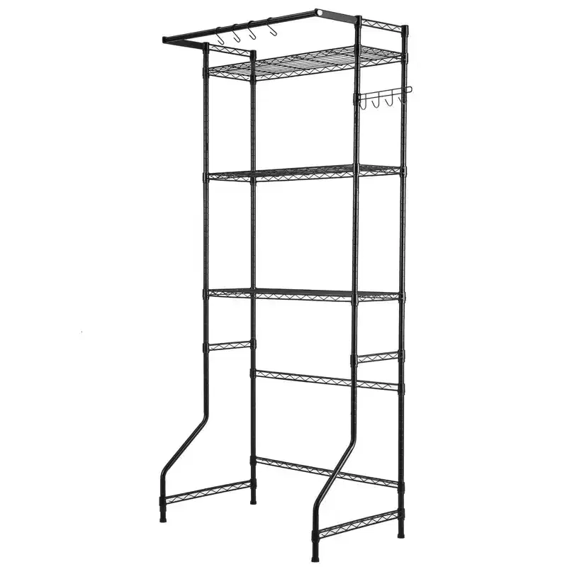 3-Tier Over Washer Dryer Storage Shelf – Adjustable, Hanger Rod & Hooks, Black