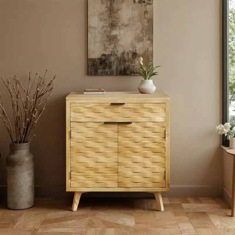 Wooden Cabinet Sideboard with Wavy Carved Facade and Drawer Storage