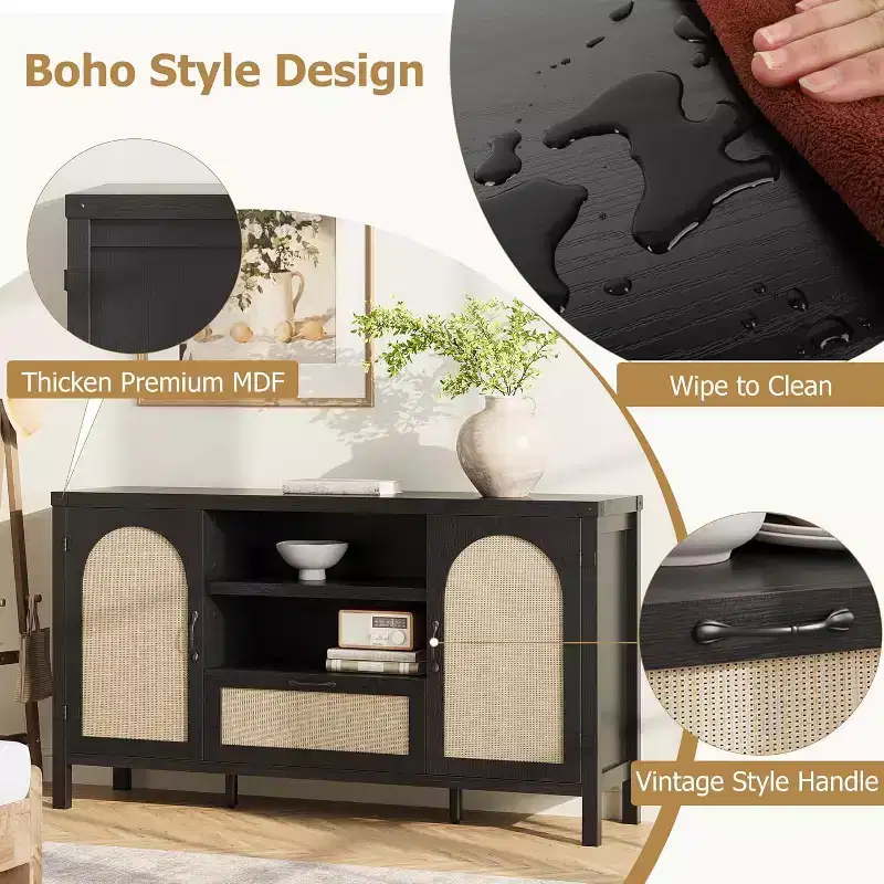 Wood & Rattan Sideboard Cabinet 59.1''W x 18.43''D x 8.07''H