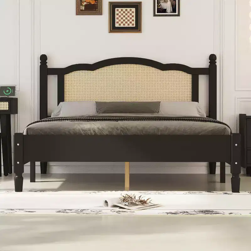 Queen/Full Size Wooden Platform Bed with Natural Rattan Headboard, Vintage Bed Frame with Wooden Slat Support 4B
