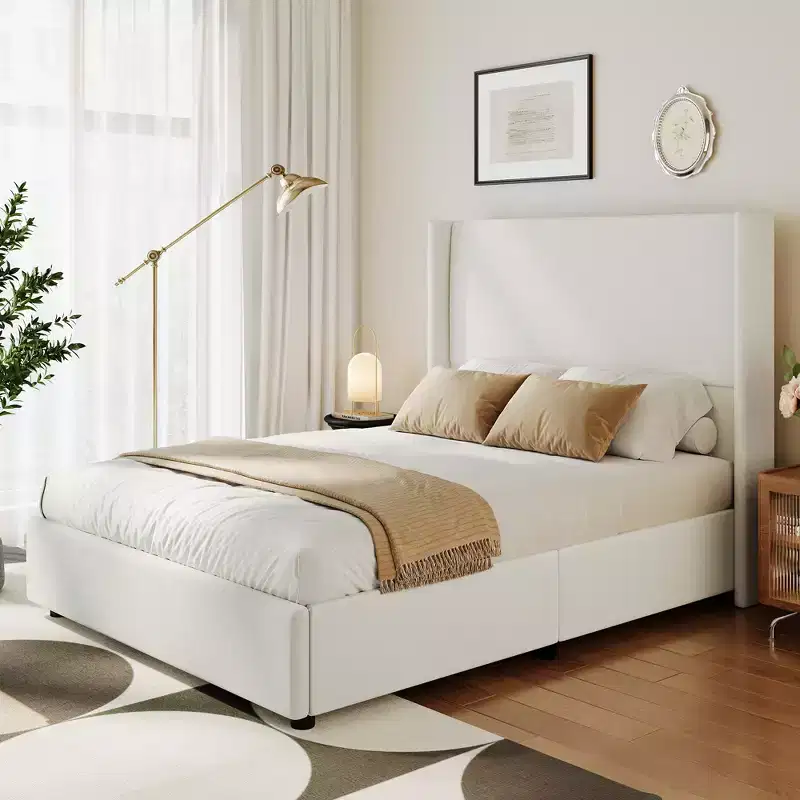 Dyonery Queen Size Wingback Headboard Upholstered Platform Bed - 55.5 Tall, Solid Wooden Slats, No Box Spring Needed, Noise-Free Foundation