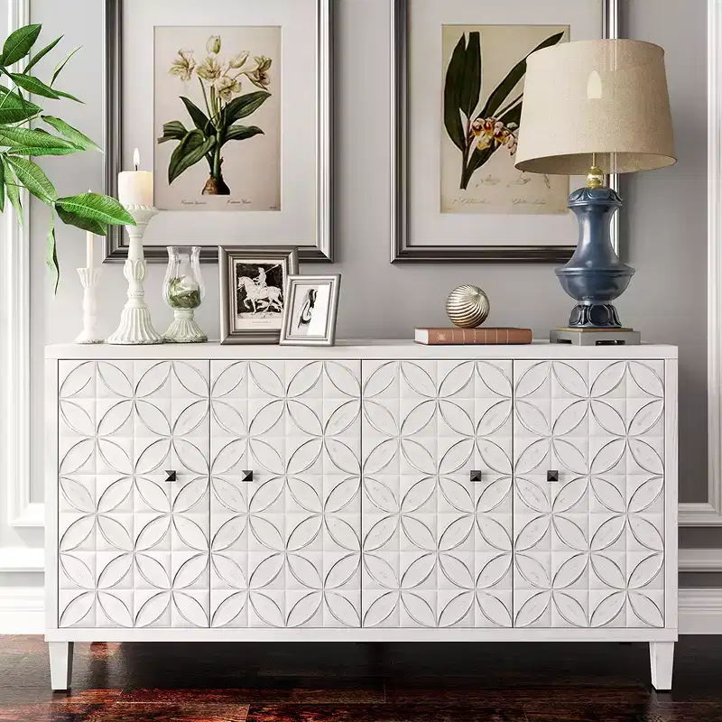 Modern Wooden Sideboard with 4 Doors, Buffet Server Cabinet with Adjustable Shelves & Square Handles for Living Room Dining Room