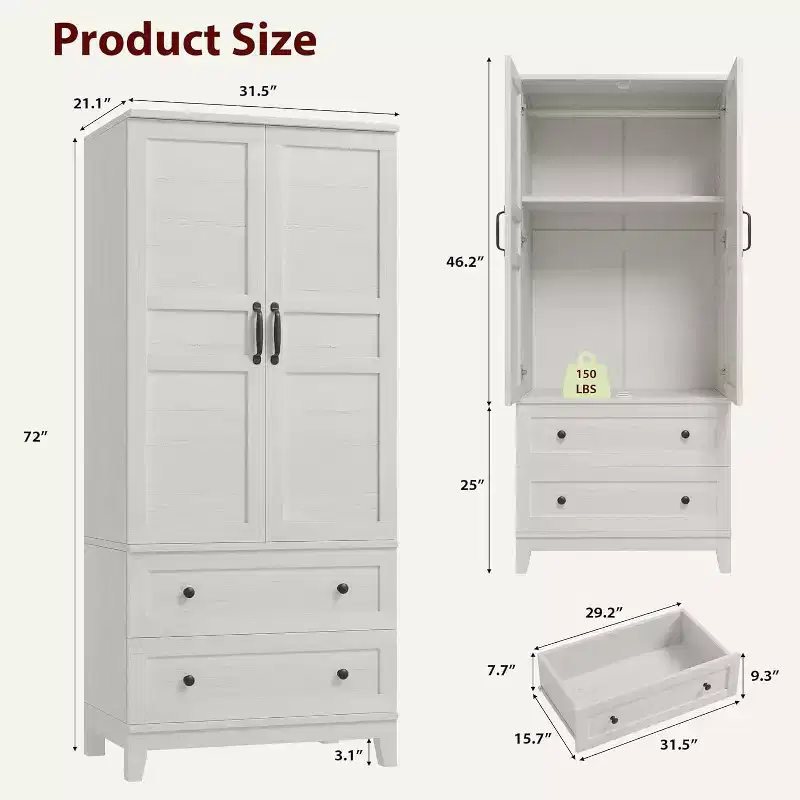 Wooden Armoire Wardrobe with Adjustable Shelf, 2 Doors, 2 Drawers, Aluminum Hanging Rod, Anti-Tip Safety Brackets, Silent-Close Hinges, Easy Assembly