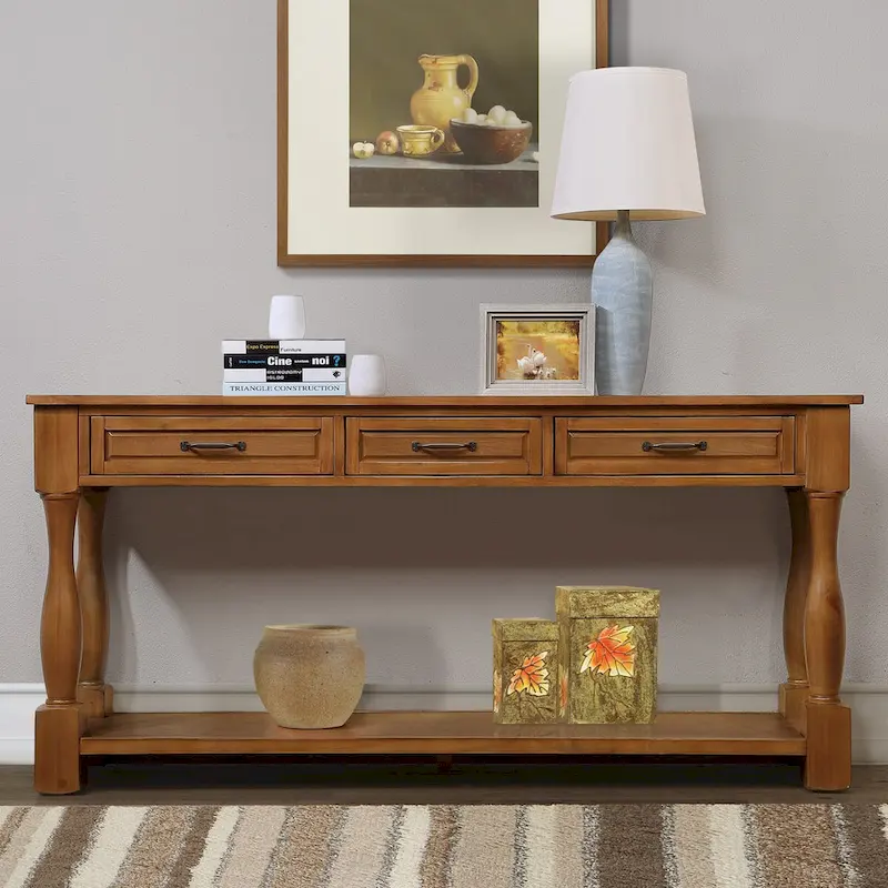 Solid Wood Console Table with 3 Drawers and Bottom Shelf - 63W