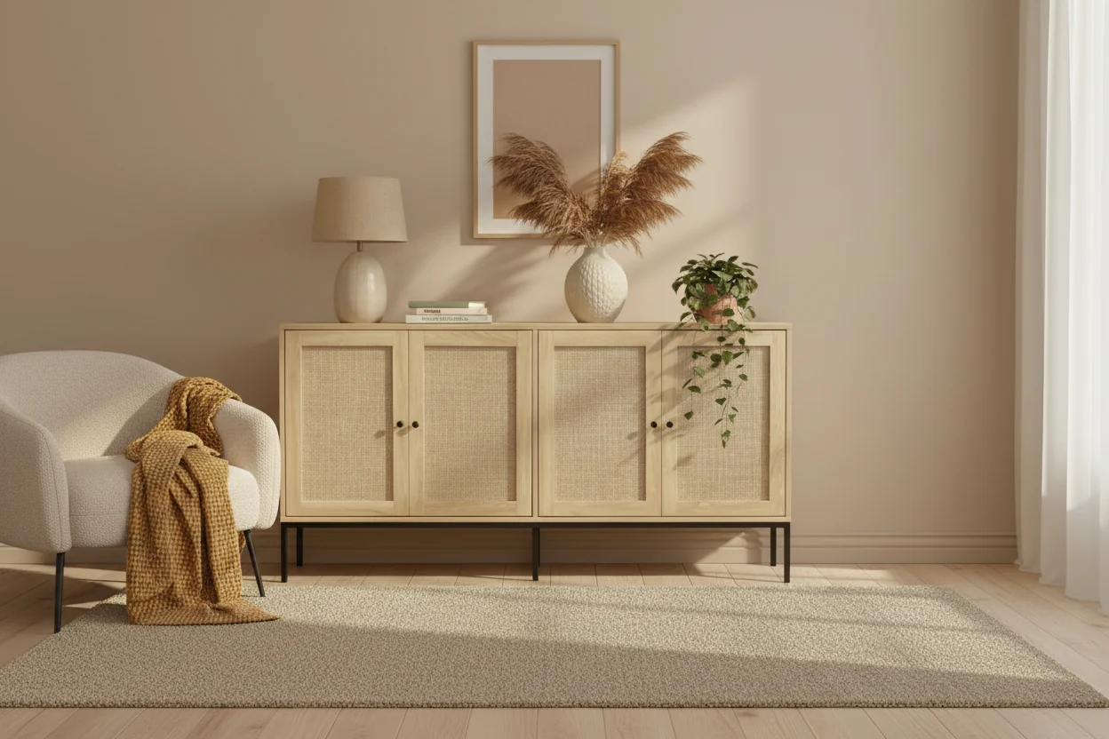 Rattan Storage Cabinet with 4 Magnetic Doors and Adjustable Shelves, Sideboard Buffet for Hallway or Entryway, Natural