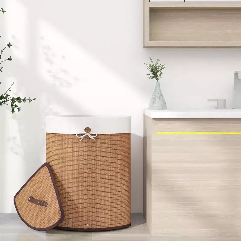 Corner Bamboo Hamper Laundry Basket Washing Cloth Bin Storage Bag Bamboo