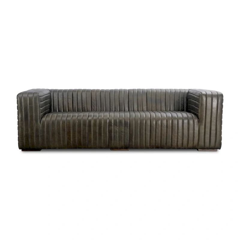 Modern Channel-Stitched Top-Grain Leather Sofa, 3-Seater