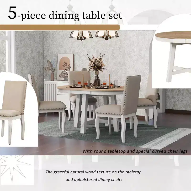 Whisen 5-Piece Farmhouse Dining Table Set with Extendable Dining Table and 4 Upholstered Dining Chairs