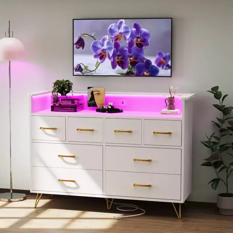 8-Drawer Dresser with Power Outlet, LED Lights & Gold Handles, Modern Wood Chest, White