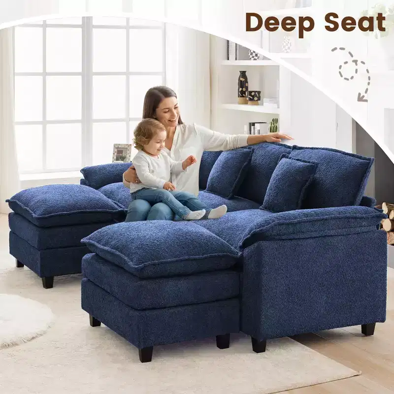 105.9 in. Chenille Fabric 5 seat Sectional Sofa with 2 Ottomans in Dark Blue