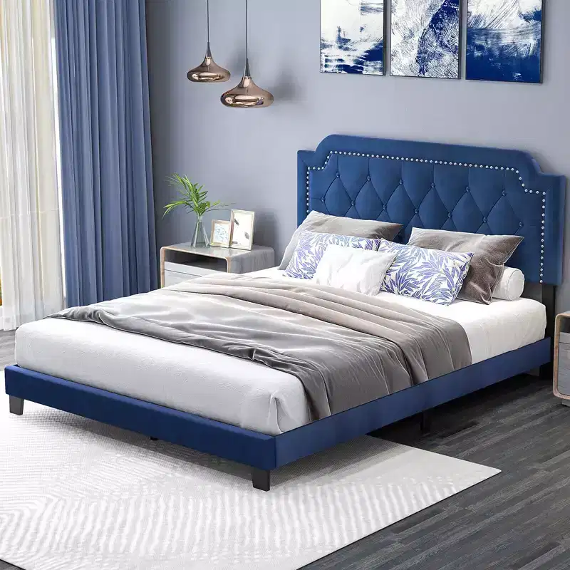 Costway Queen Size Velvet Platform Bed w/ Button Tufted & Nailhead Trim Headboard