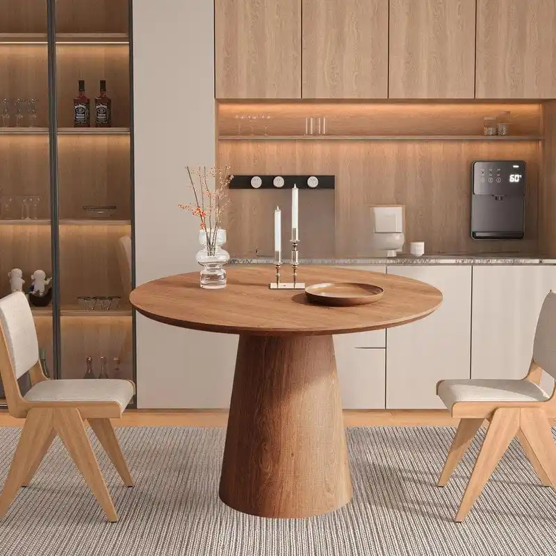 Round Dining Table for 4-6, Natural Wood Grain Dining Table with Cone Wood Pedestal Base, Rustic Minimalist Dining Table