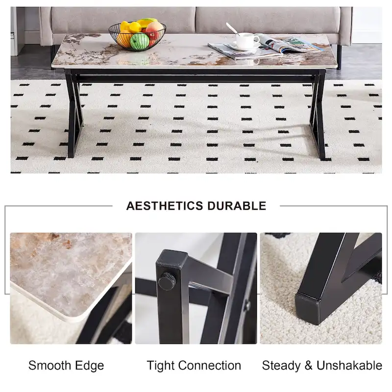 47 Modern Rectangular Coffee Table with Sintered Stone Tabletop and X-shaped Metal Legs