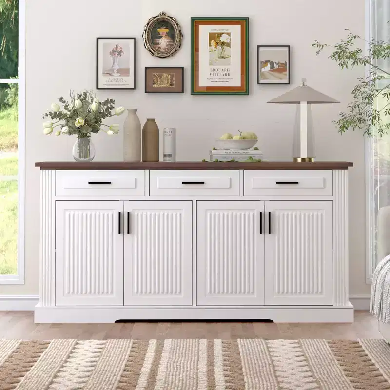 Okak 63in Fluted Sideboard Cabinet, Bufft Cabinet with 4 Doors and 2 Drawers, Storage Cabinet for Living Room, Dining Room, Kitchen