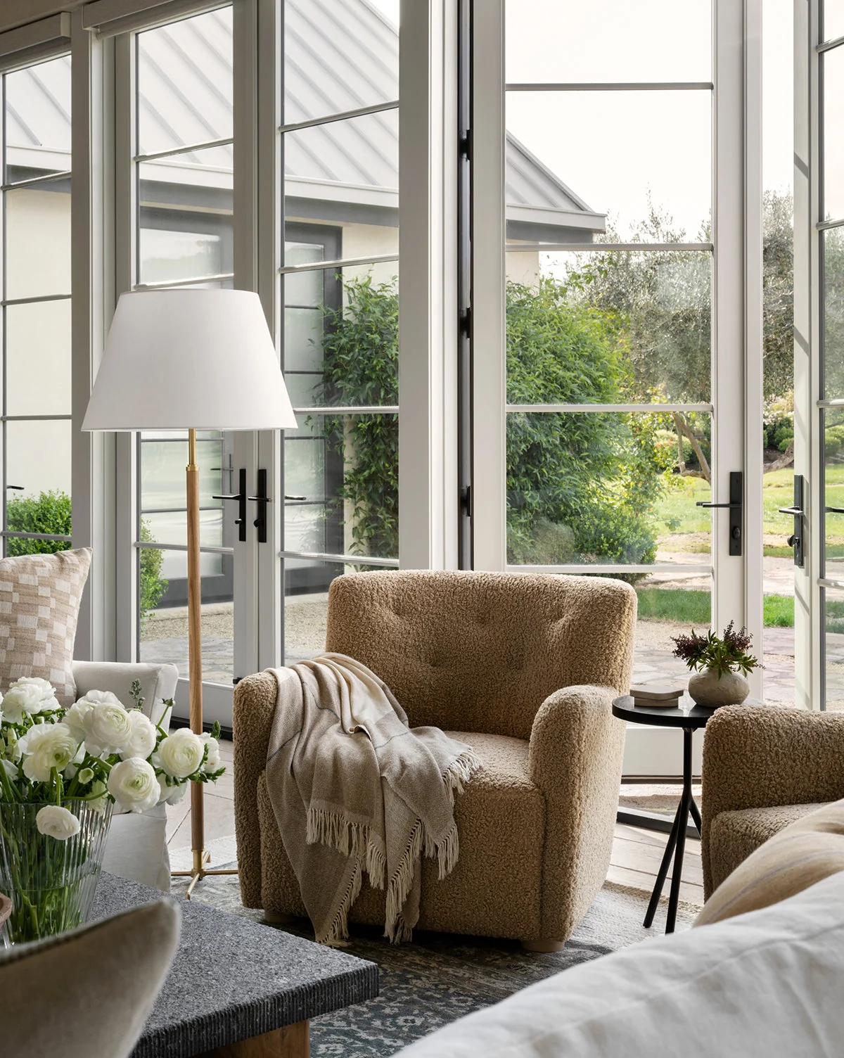 Contemporary Shearling Lounge Chair with White Oak Frame & Subtle Tufting for Living Room