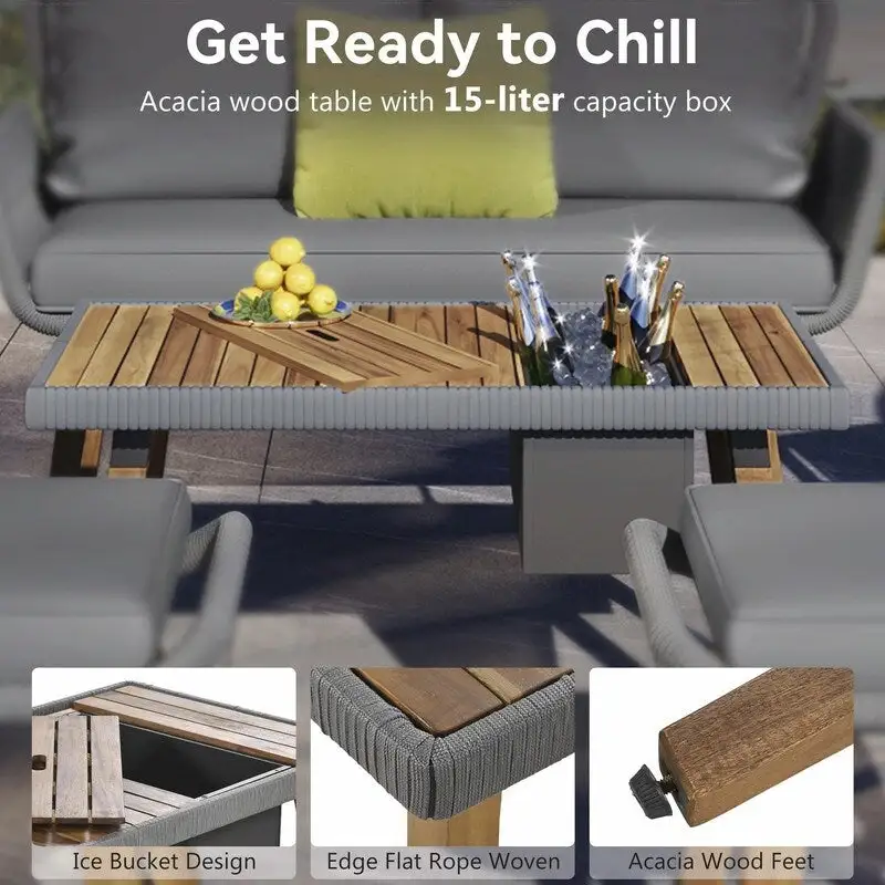 6-Piece Rope Patio Furniture Set with Acacia Wood Cool Bar Table