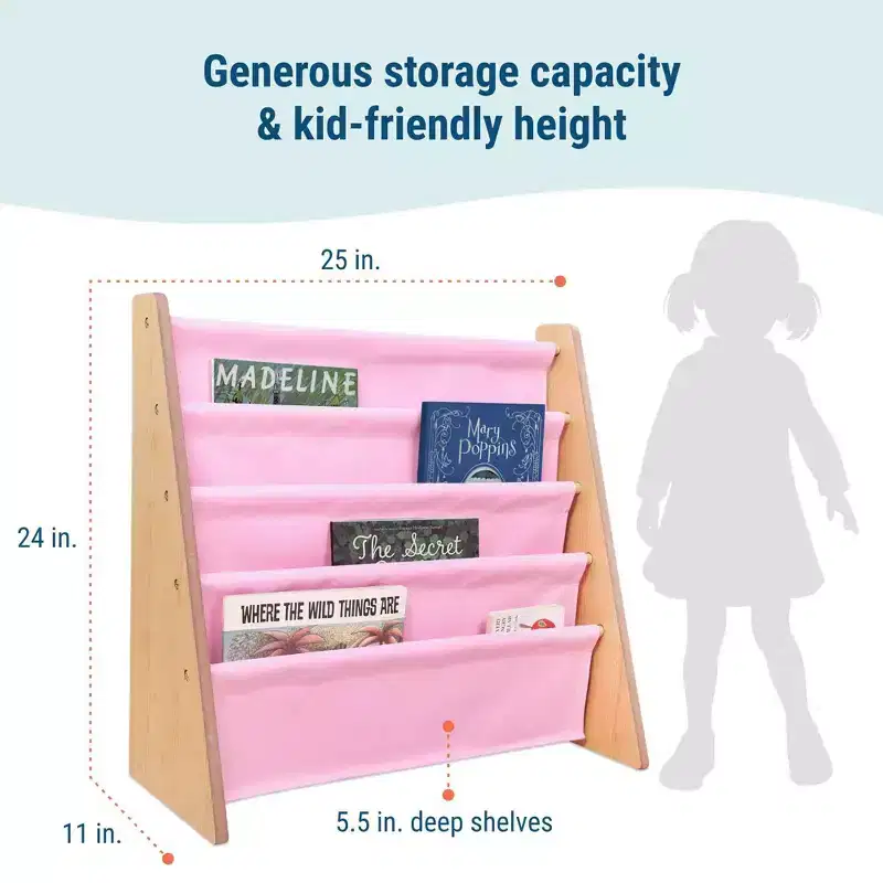 Vegan Leather Kids Sling Bookshelf – 4 Shelves, Natural Wood & Light Pink