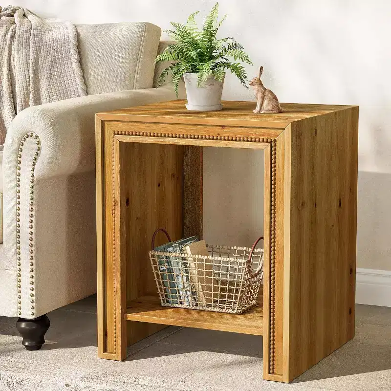 Lantine Solid Wood End Table, 2-Tier Farmhouse Side Table with Storage Shelves for Small Spaces, Living Room, Brown