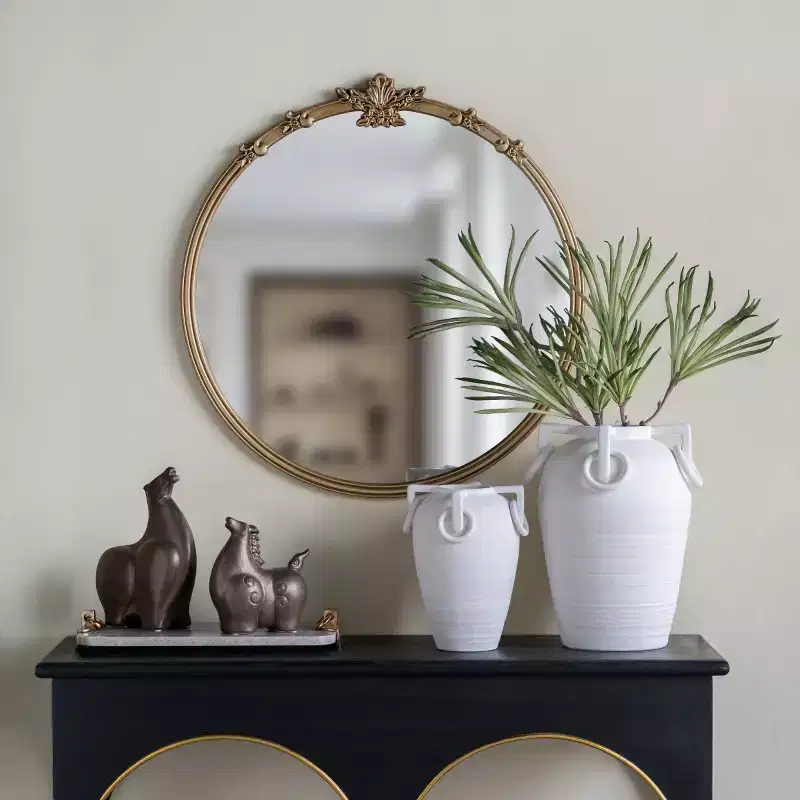 30 Vintage Gold Round Decorative Wall Mirror, Ornate Baroque Leaf Crested Mirror for Mantle, Entryway- Panipeachy