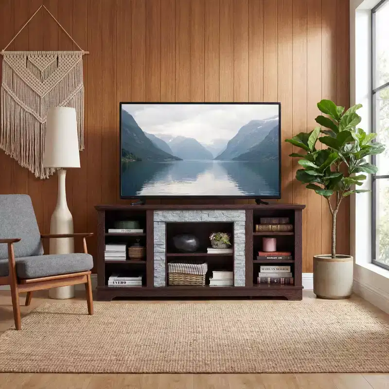 JVNOXK TV Media Stand with with Faux Stacked Stone Surround, Modern Entertainment Console with Open Storage Space, Cherry